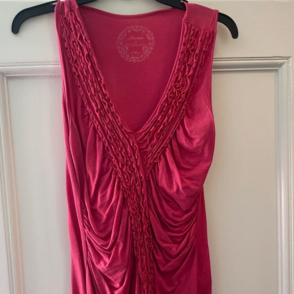 Deletta from Anthropologie Fuchsia Ruffled V-neck Fitted Sleeveless Top